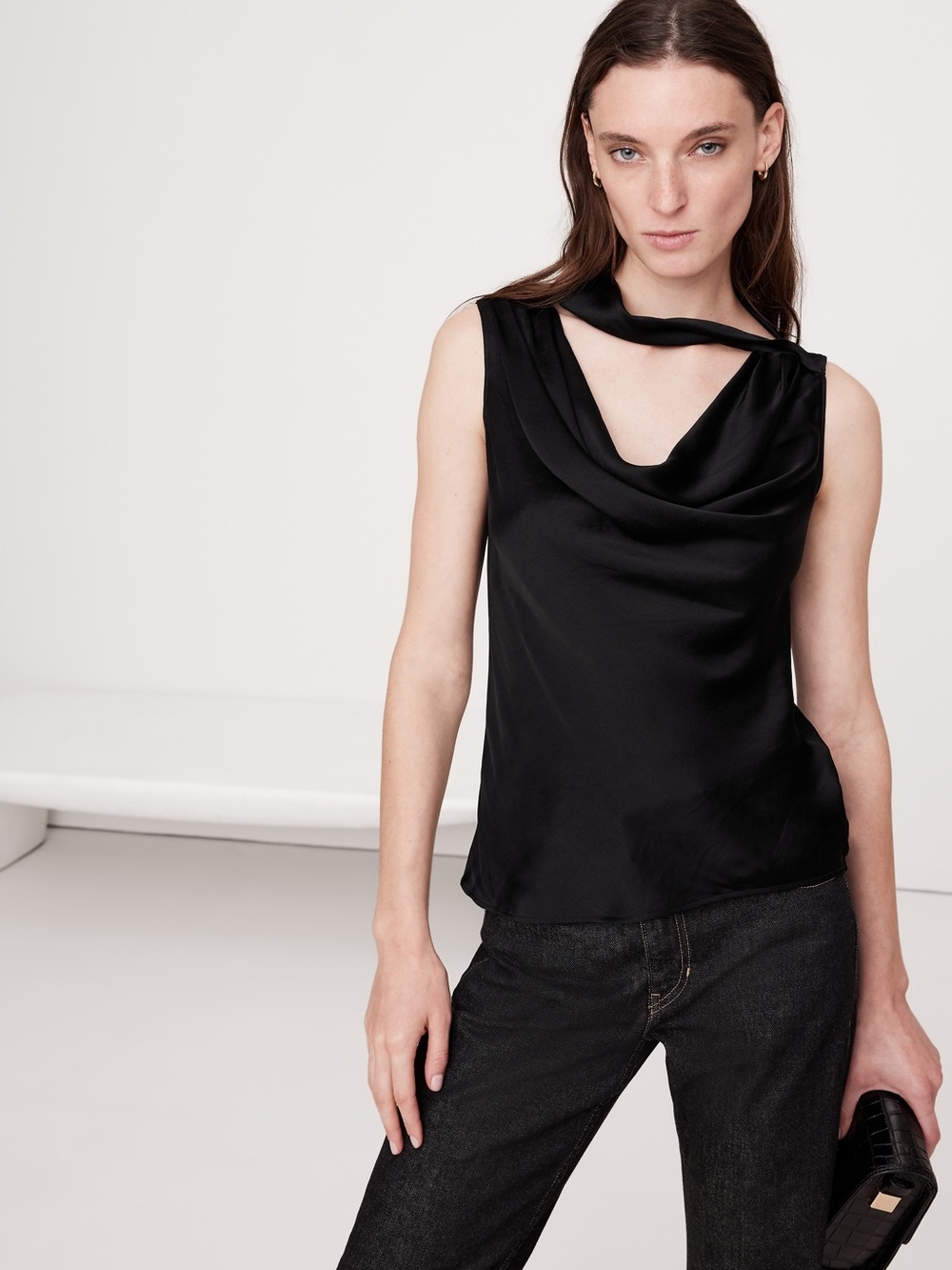 Banana Republic Draped Neck Black Polyester Size Medium NWT